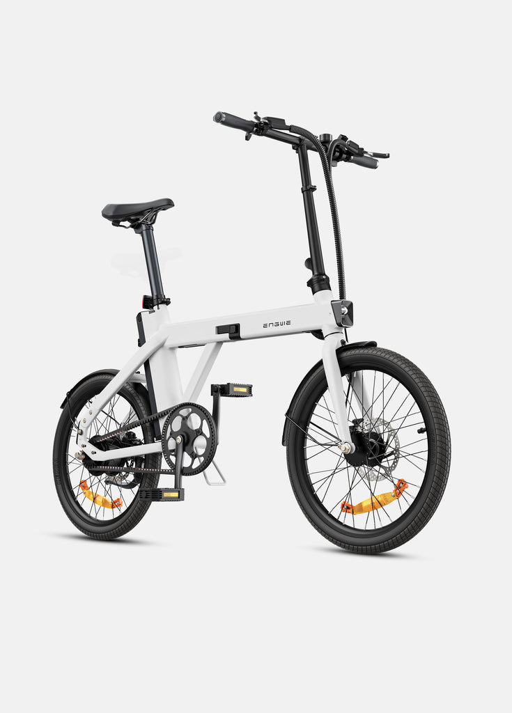 a white engwe p20 fold up electric bike