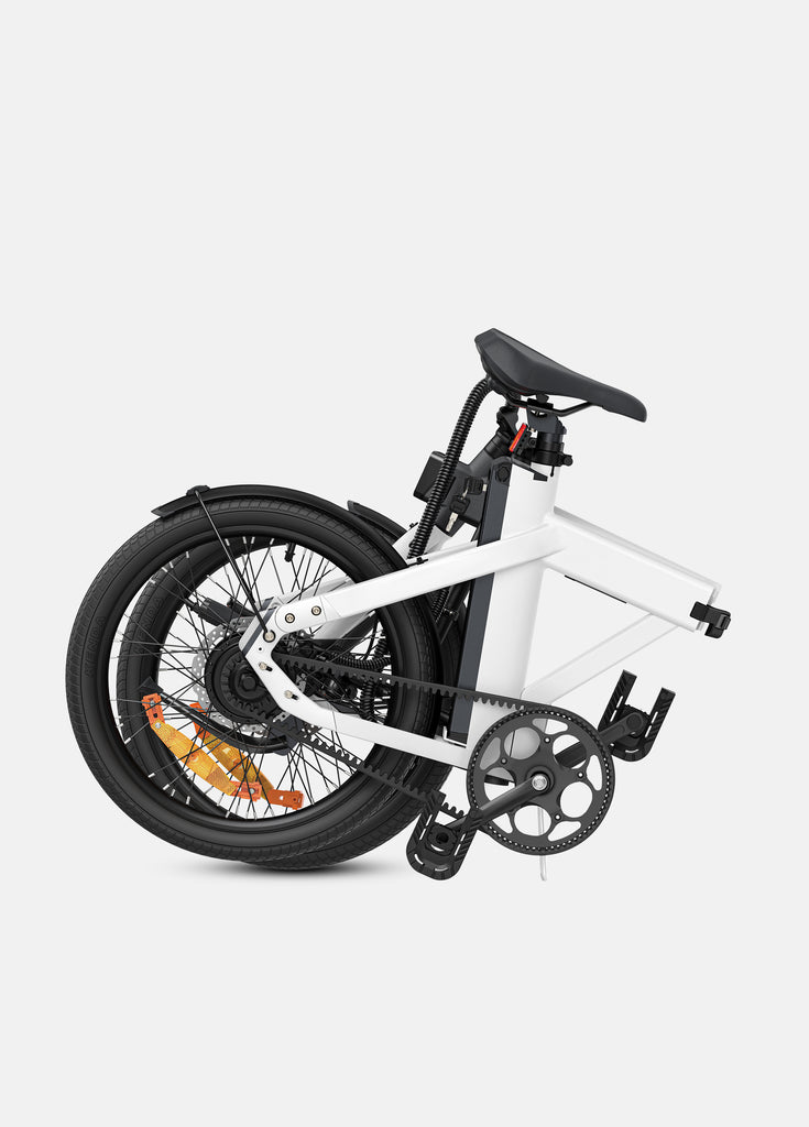 a folded white engwe p20 folding bike