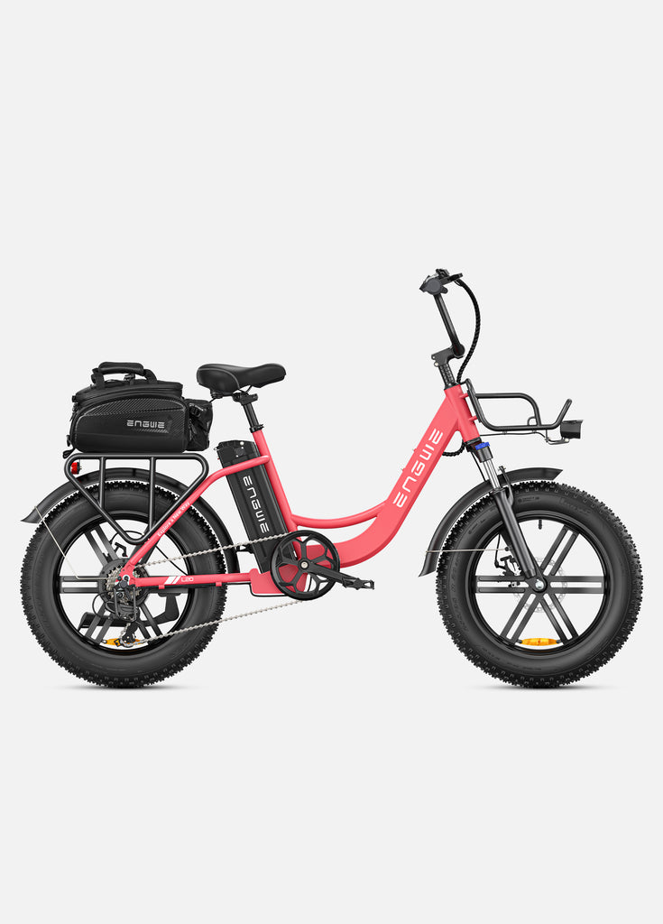 a flamingo pink engwe l20 electric bike with a rack bag