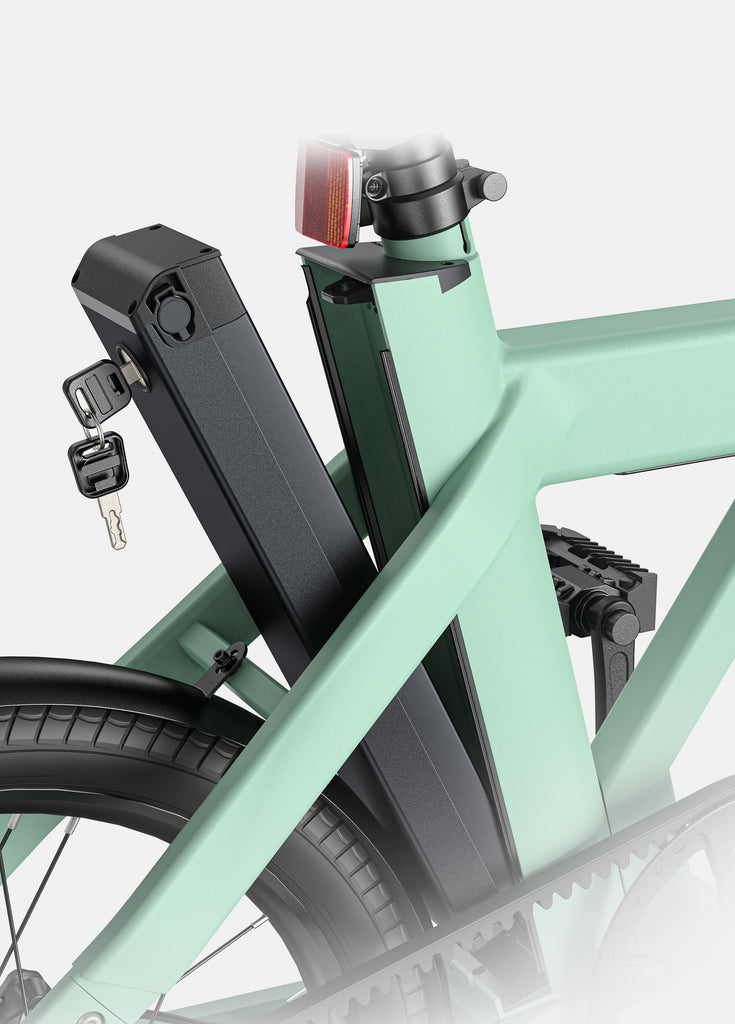 an unlock battery on a green engwe p20 urban e-bike