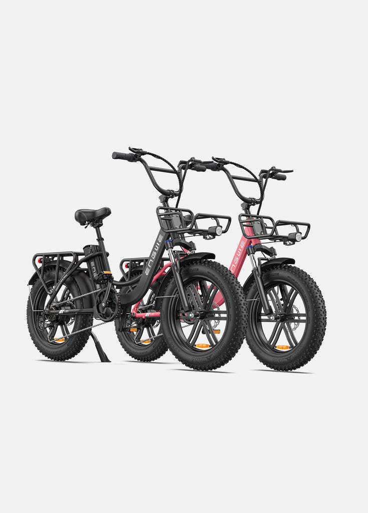 a onyx black engwe l20 and a flamingo pink engwe l20 ebikes