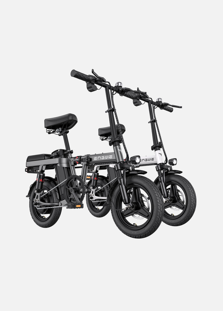 a grey and a white engwe e-bikes