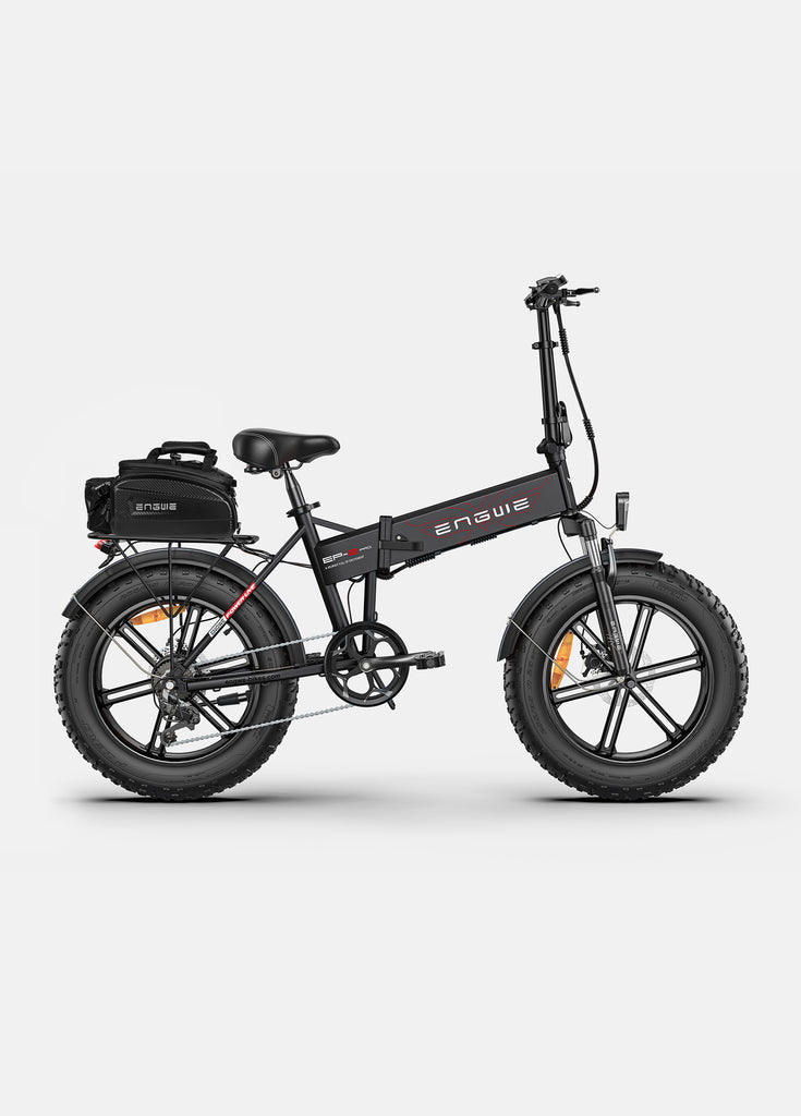 a black engwe ep-2 pro ebike and a rack bag