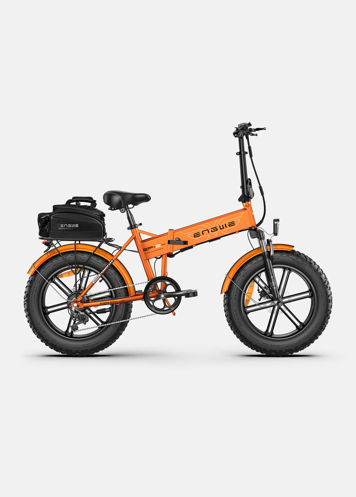 an orange engwe ep-2 pro ebike and a rack bag